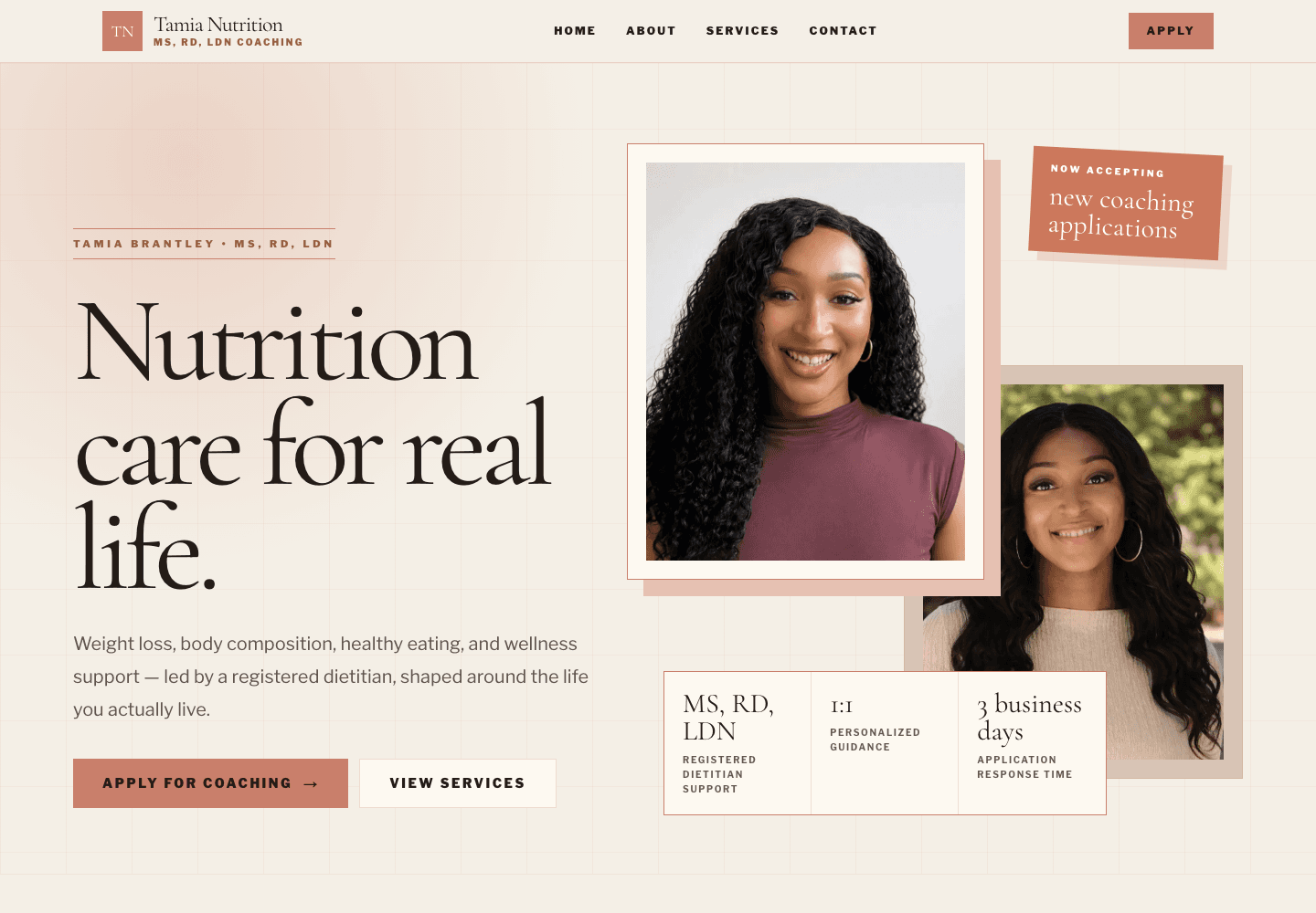 Tamia Nutrition desktop website screenshot
