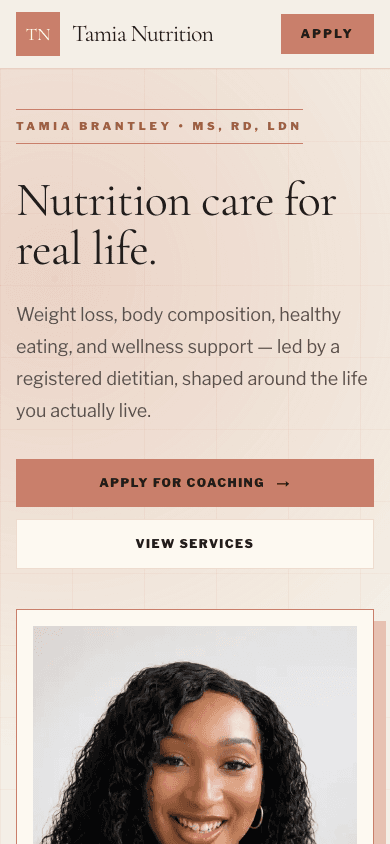 Tamia Nutrition mobile website screenshot